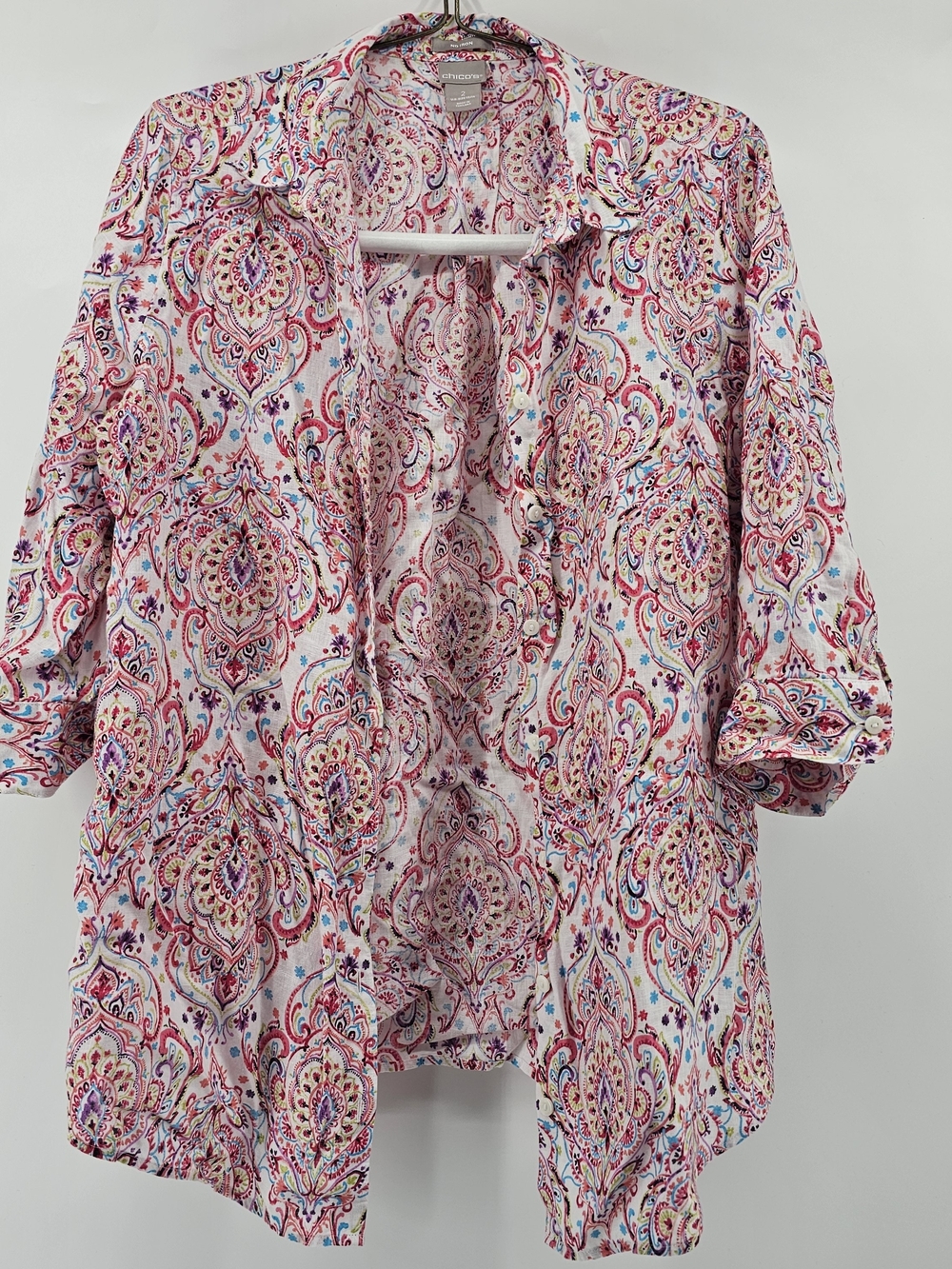 Chico's No Iron 100% Linen Paisley‎ Button Down Shirt Blouse Pink Blue Size 2 L